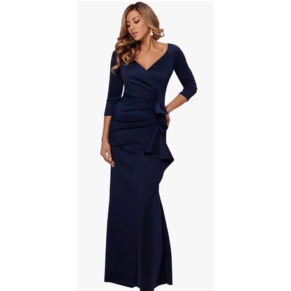 Xscape Women's Long 3/4 Sleeve V-Neck Side Ruched Gown